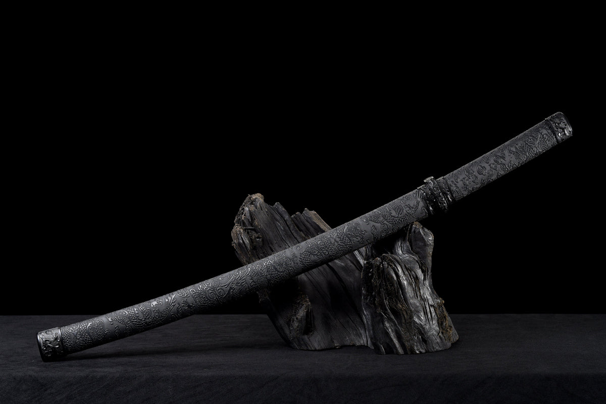 Handgefertigtes Wakizashi-Schwert aus rotem Damaszener Stahl mit schwarzer Lederscheide – 79 cm, echtes Katana-Schwert