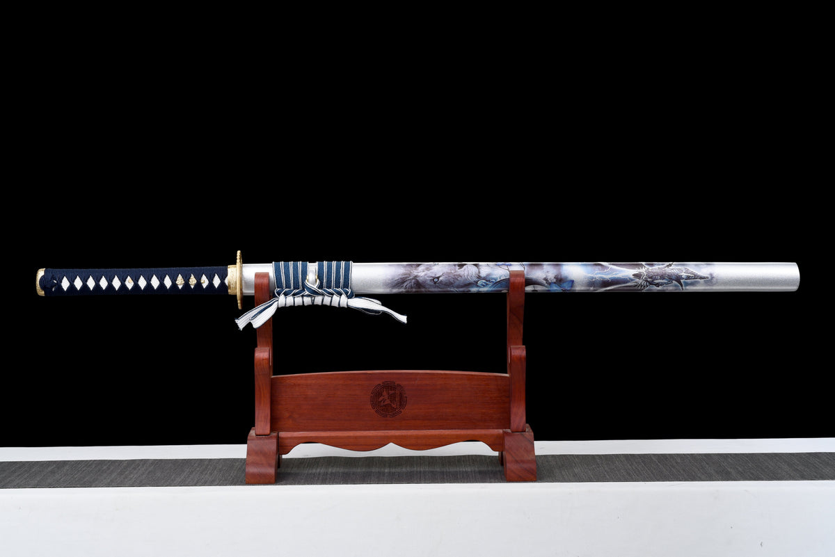 Handgefertigtes Ninjato-Schwert, roter Damaszener-Stahl, Full Tang, Schwertscheide mit weißem Aufdruck, Griff mit blauem Band umwickelt, weiße Rochenhaut – 104 cm, echtes Katana-Schwert