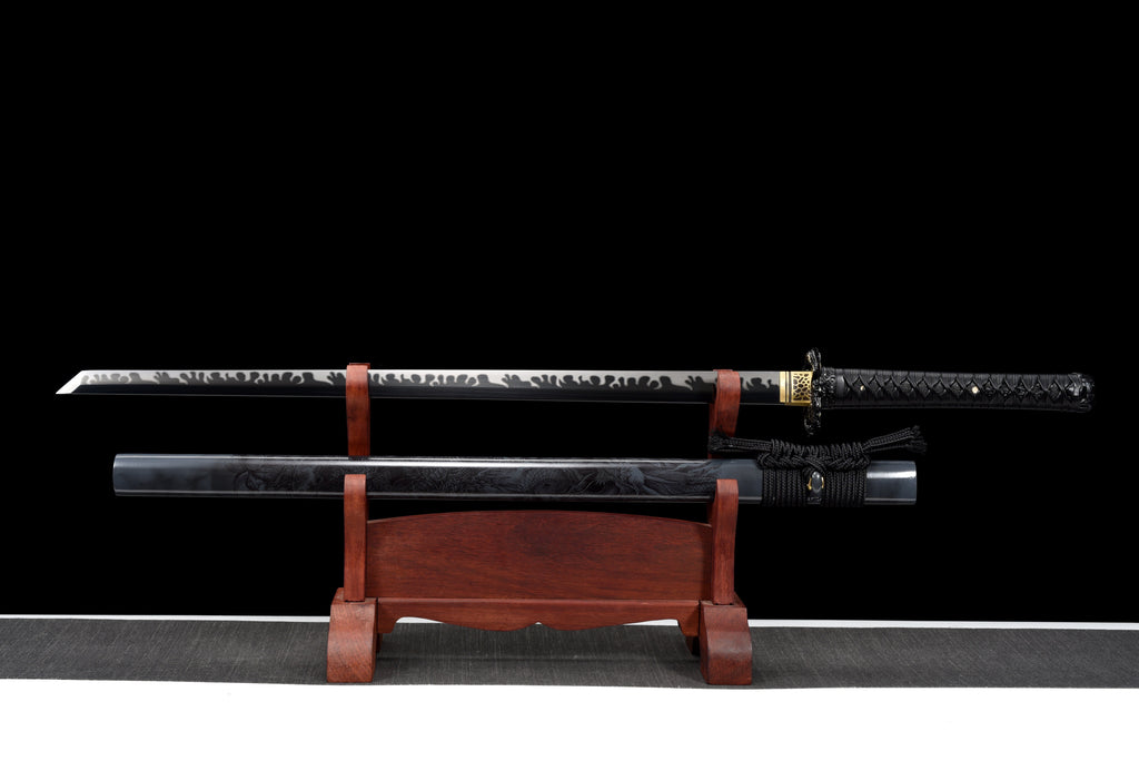 Handgefertigtes Ninjato-Schwert, 1095 Kohlenstoffstahl, Full Tang, schwarze Klinge, echtes Katana-Schwert