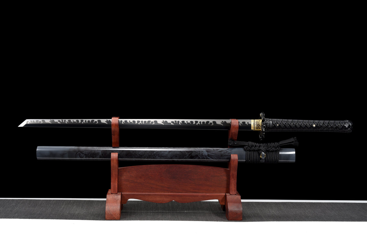 Handgefertigtes Ninjato-Schwert, 1095 Kohlenstoffstahl, Full Tang, schwarze Klinge, echtes Katana-Schwert