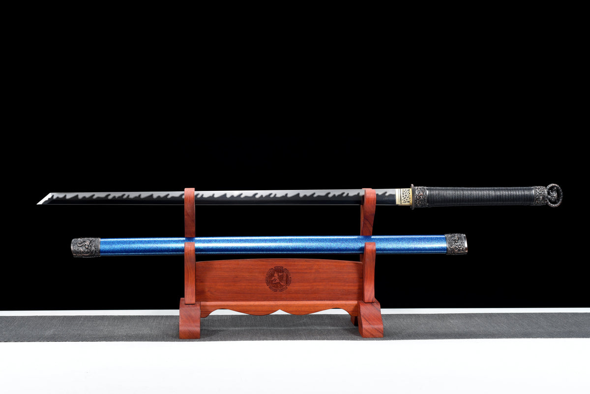 Handgefertigtes Ninjato-Schwert, Manganstahl, Full Tang, schwarze Klinge, echtes Katana-Schwert