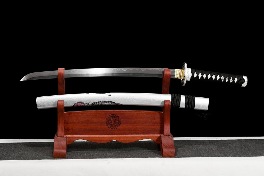 Handgefertigtes Wakizashi-Schwert aus Damaszenerstahl mit weißer Lederscheide – 79 cm, echtes Katana-Schwert