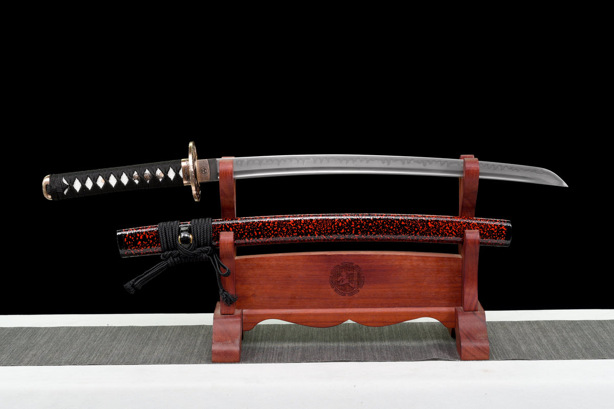 Handgefertigtes Full Tang Wakizashi-Schwert, T10-Kohlen stoffstahl, lehmgehärtete Klinge, rot gefleckte Scheide - 79 cm, echtes Katana-Schwert