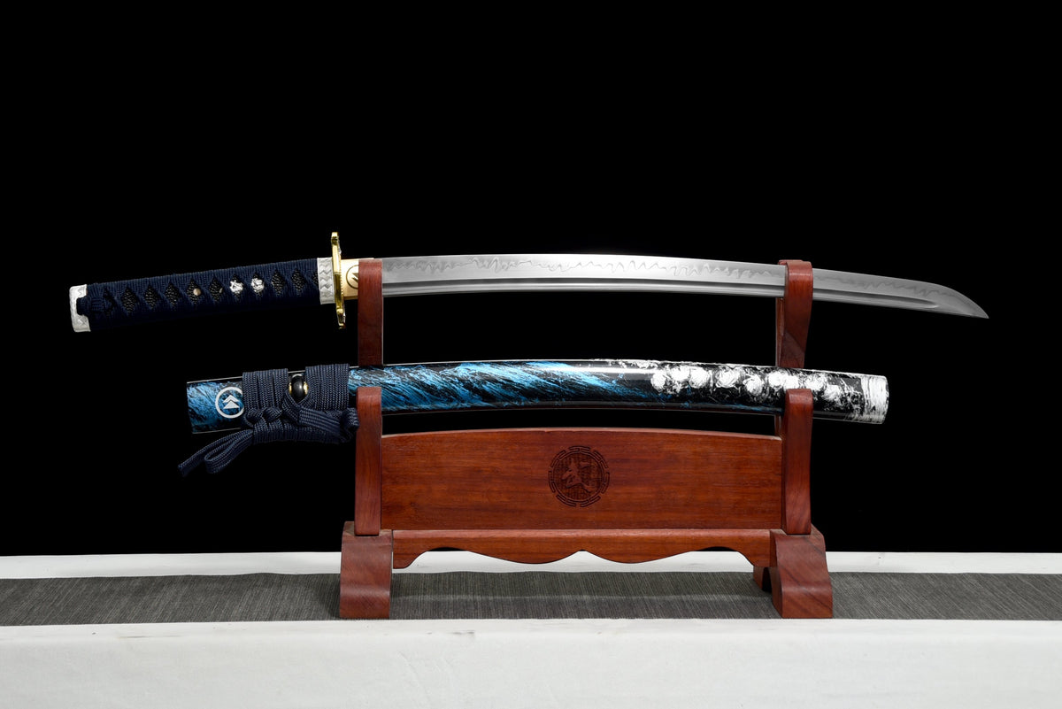 Handgefertigtes Full-Tang-Wakizashi-Schwert, Klinge aus T10-Kohlenstoffstahl, lehmgehärtet, blaue Scheide – 79 cm, echtes Katana-Schwert