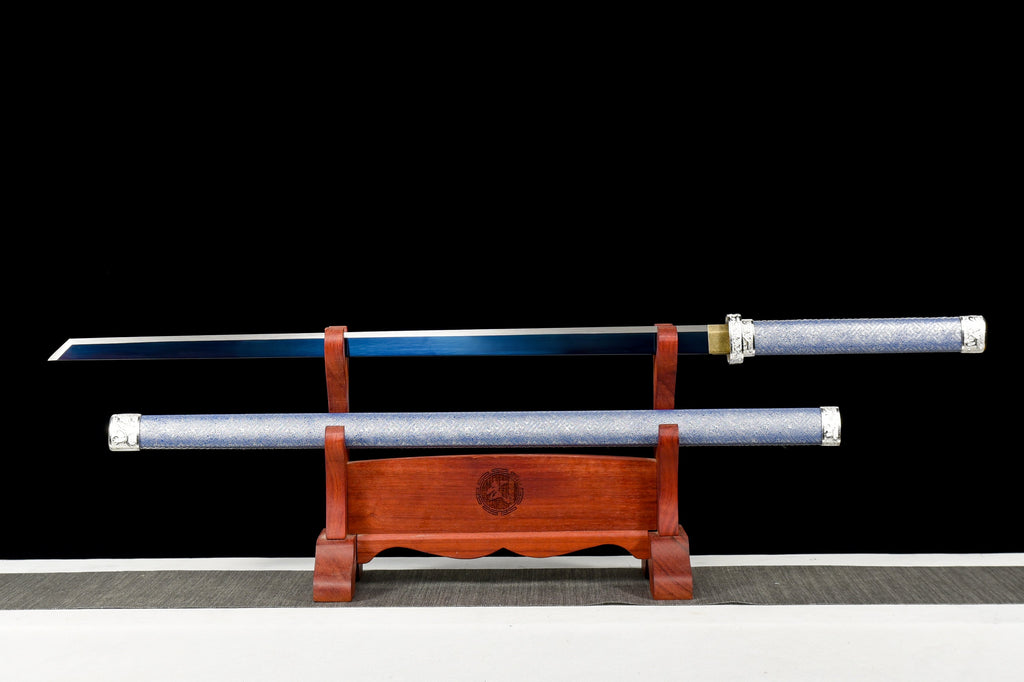 Handgefertigtes Ninja-Schwert, Manganstahl, blaue Klinge, Full-Tang, blau bedruckte Scheide – 104 cm, echtes Katana-Schwert