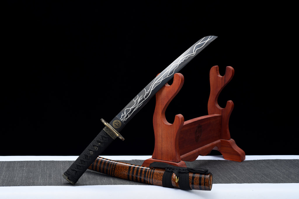 Handgefertigtes Full-Tang Tanto-Schwert, Klinge aus Mangan-Stahl schwarz, mit Scheide - 53 cm, echtes Katana-Schwert