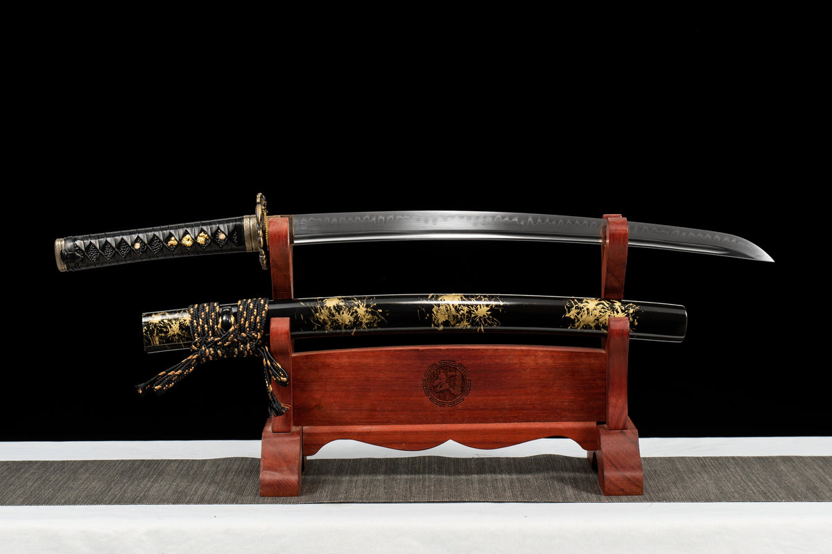 Handgefertigtes Full-Tang-Wakizashi-Schwert, Damaststahl, lehmgehärtete Klinge, schwarz bedruckte Scheide – 31 Zoll, echtes Katana-Schwert