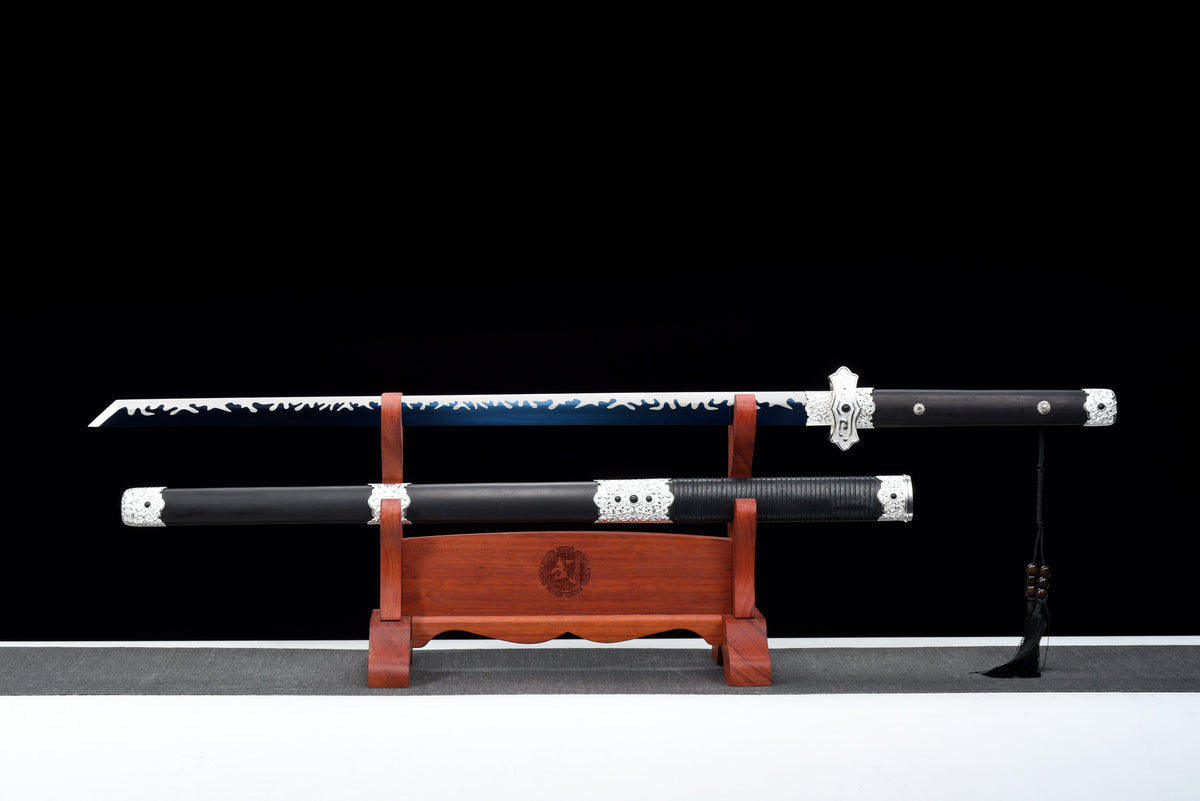 Handgefertigtes Ninjato-Schwert, Manganstahl, Full Tang, blaue Klinge, echtes Katana-Schwert