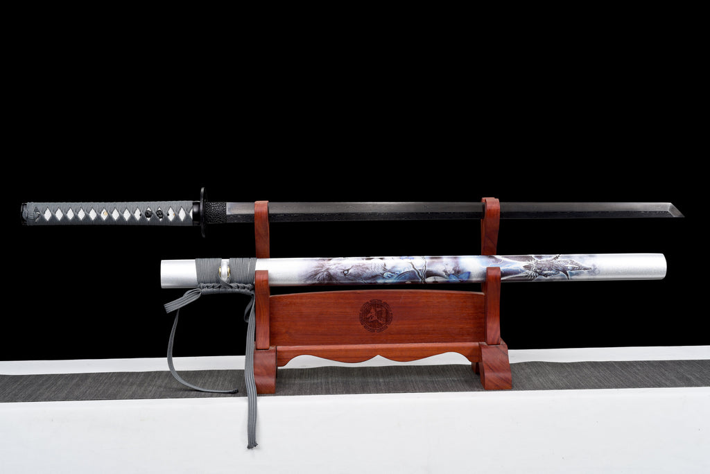 Handmade Ninjato Sword Black Damascus steel steel Full Tang White printing scabbard gray rope handle white ray skin  - 41 in,Real katana sowrd