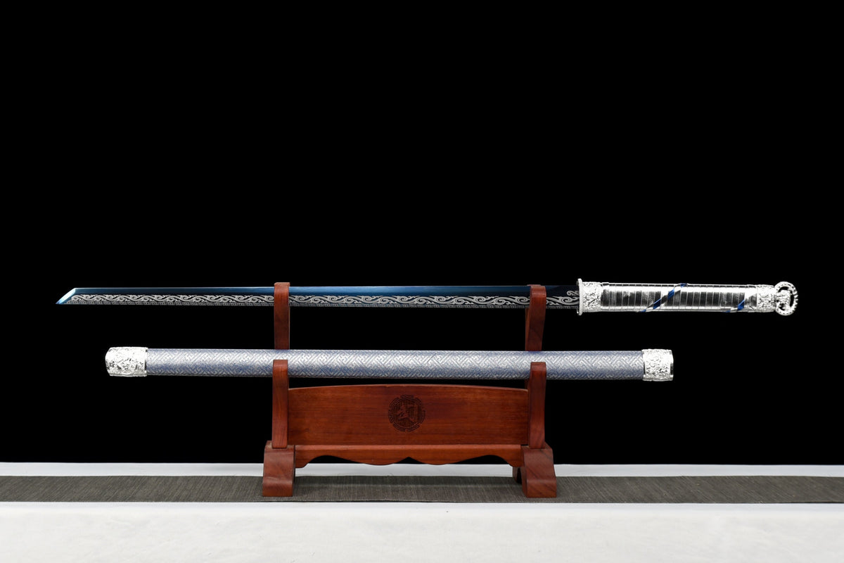 Handgefertigtes Ninja-Schwert, Manganstahl, blaue Klinge, Full Tang, blau bedruckte Scheide - 104 cm, echtes Katana-Schwert