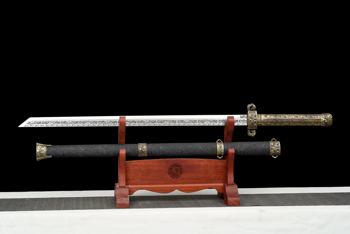 Handgefertigtes Schwert im chinesischen Stil, 1045 Kohlenstoffstahl, Full Tang, schwarze Lederscheide und Griff aus Legierung - 107 cm, echtes Katana-Schwert