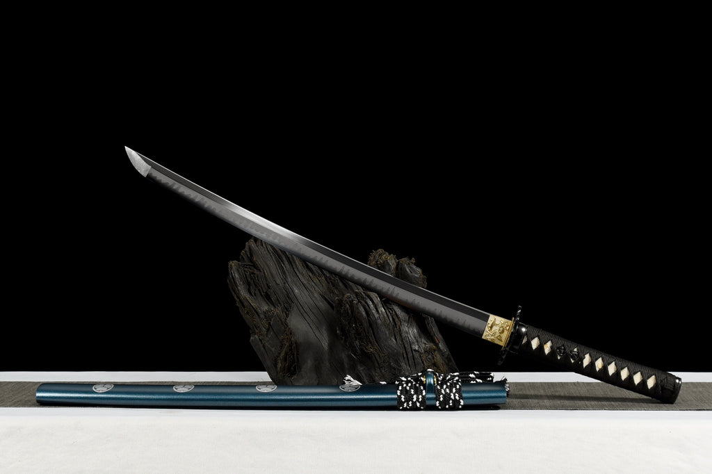 Handgefertigtes Full-Tang-Wakizashi-Schwert aus T10-Kohlenstoffstahl mit lehmgehärteter Klinge – 79 cm, echtes Katana-Schwert