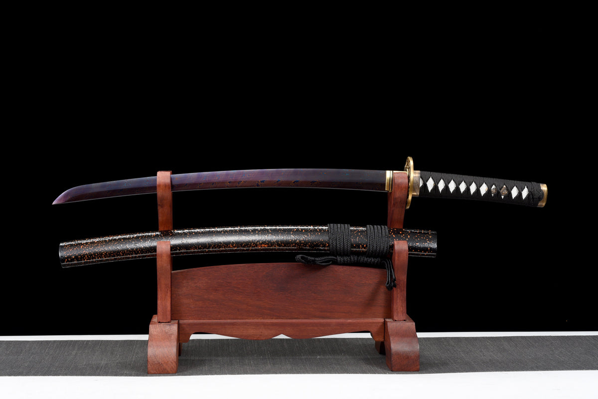 Handgefertigtes Wakizashi-Schwert, blauer Damaszener-Stahl mit schwarzer Scheide – 79 cm, echtes Katana-Schwert