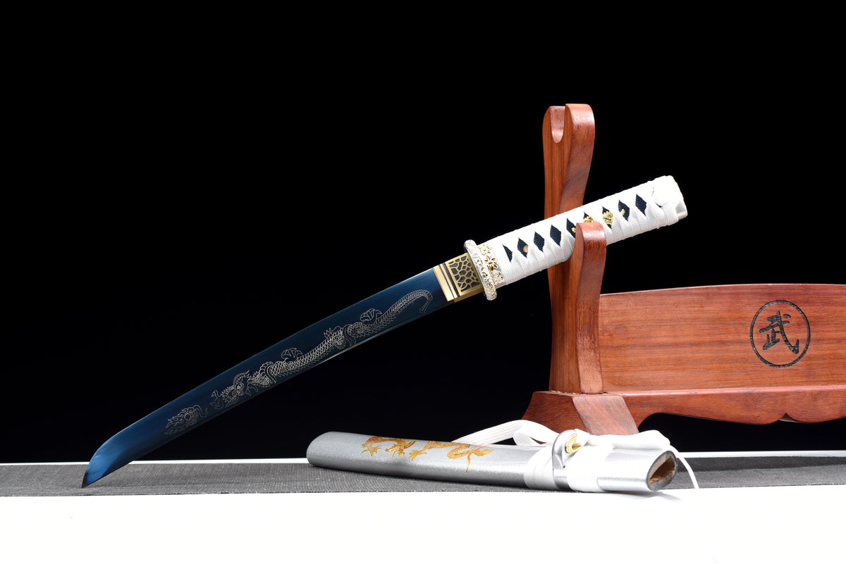 Handgefertigtes Full-Tang Tanto-Schwert, Klinge aus blauem Manganstahl, inklusive Scheide – 53 cm, echtes Katana-Schwert