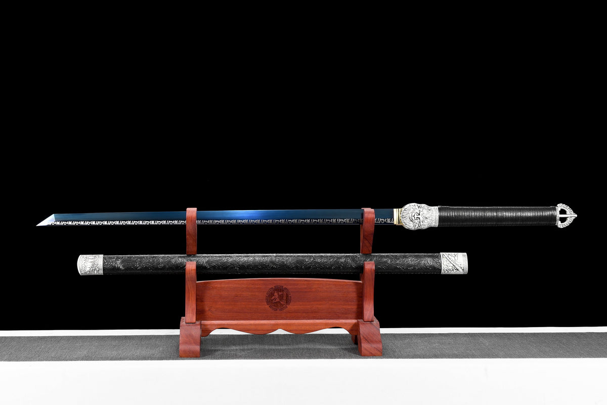 Handgefertigtes Ninja-Schwert, Federstahl, blaue Klinge, Full Tang, schwarze Lederscheide – 107 cm, echtes Katana-Schwert