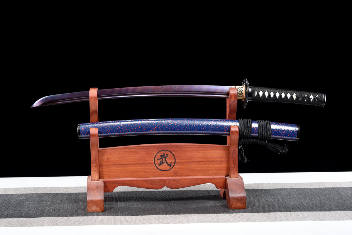 Handgefertigtes Wakizashi-Schwert, roter Damaszener-Stahl mit blauer Scheide – 79 cm, echtes Katana-Schwert