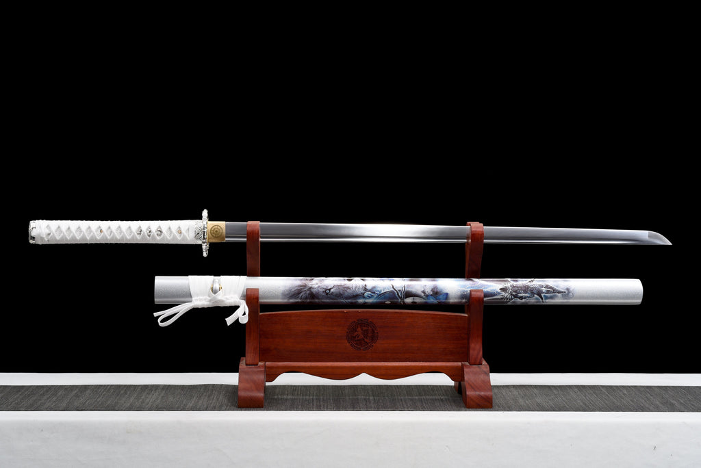 Handgefertigtes Ninja-Schwert, Klinge aus Federstahl, Full Tang, weiß bedruckte Scheide - 104 cm, echtes Katana-Schwert