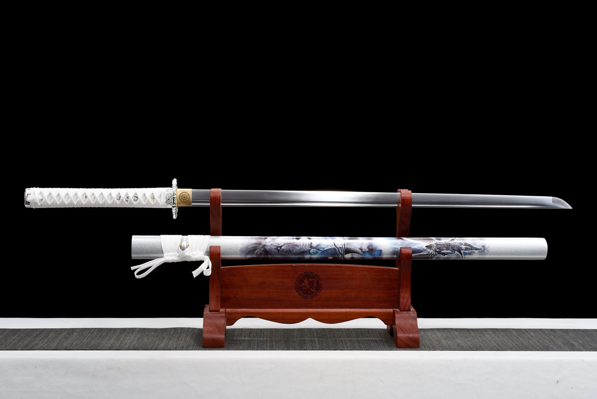 Handgefertigtes Ninja-Schwert, Klinge aus Federstahl, Full Tang, weiß bedruckte Scheide - 104 cm, echtes Katana-Schwert