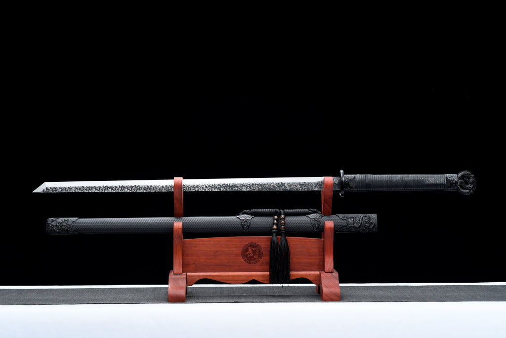 Handgefertigtes Ninjato-Schwert, Federstahl, Full Tang, schwarze Scheide - 107 cm, echtes Katana-Schwert