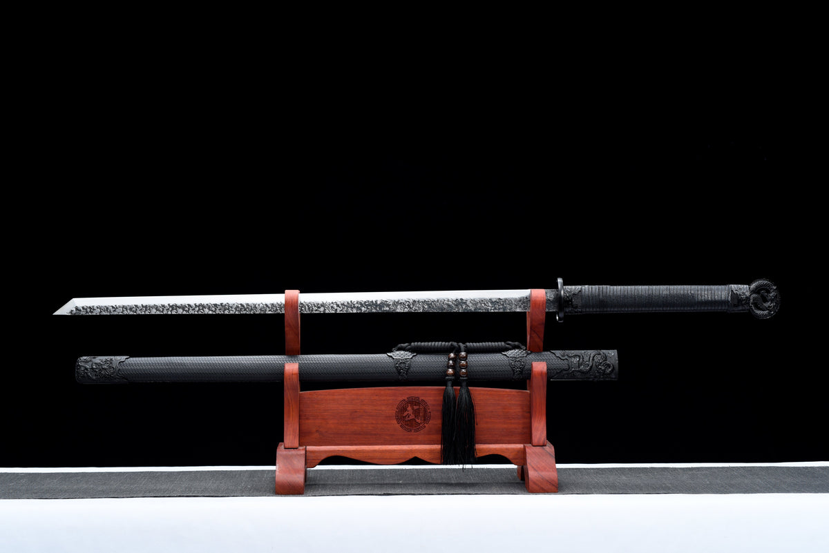 Handgefertigtes Ninjato-Schwert, Federstahl, Full Tang, schwarze Scheide - 107 cm, echtes Katana-Schwert