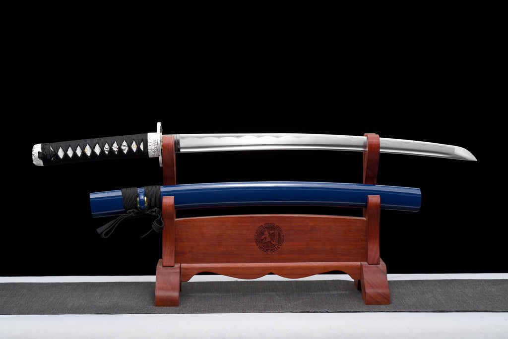 Handgefertigtes Wakizashi-Schwert aus 1045 Kohlenstoffstahl mit blauer Scheide – 79 cm, echtes Katana-Schwert