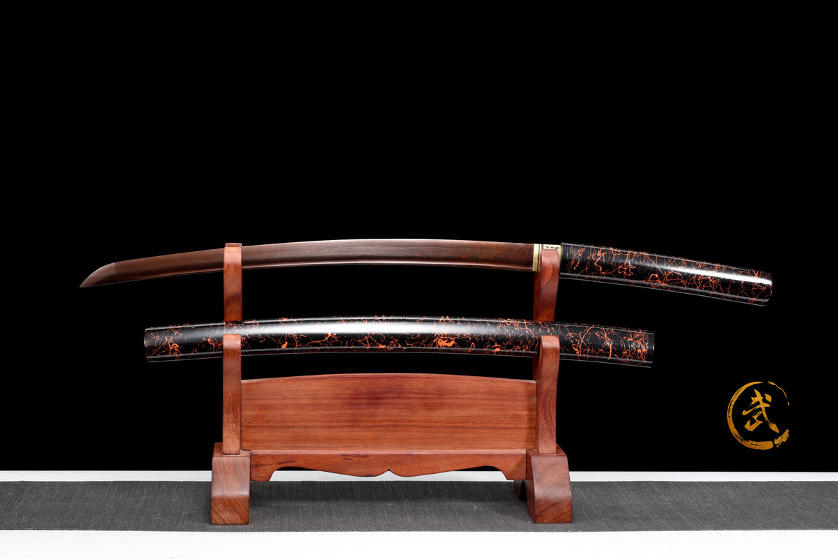 Handgefertigtes Wakizashi-Schwert aus rotem Damaszener-Stahl mit Scheide - 79 cm, echtes Katana-Schwert