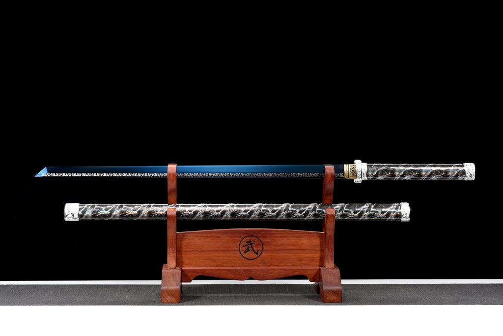 Handgefertigtes Ninja-Schwert, Manganstahl, blaue Klinge, Full Tang, Scheide mit blauem Blitz-Motiv – 104 cm, echtes Katana-Schwert