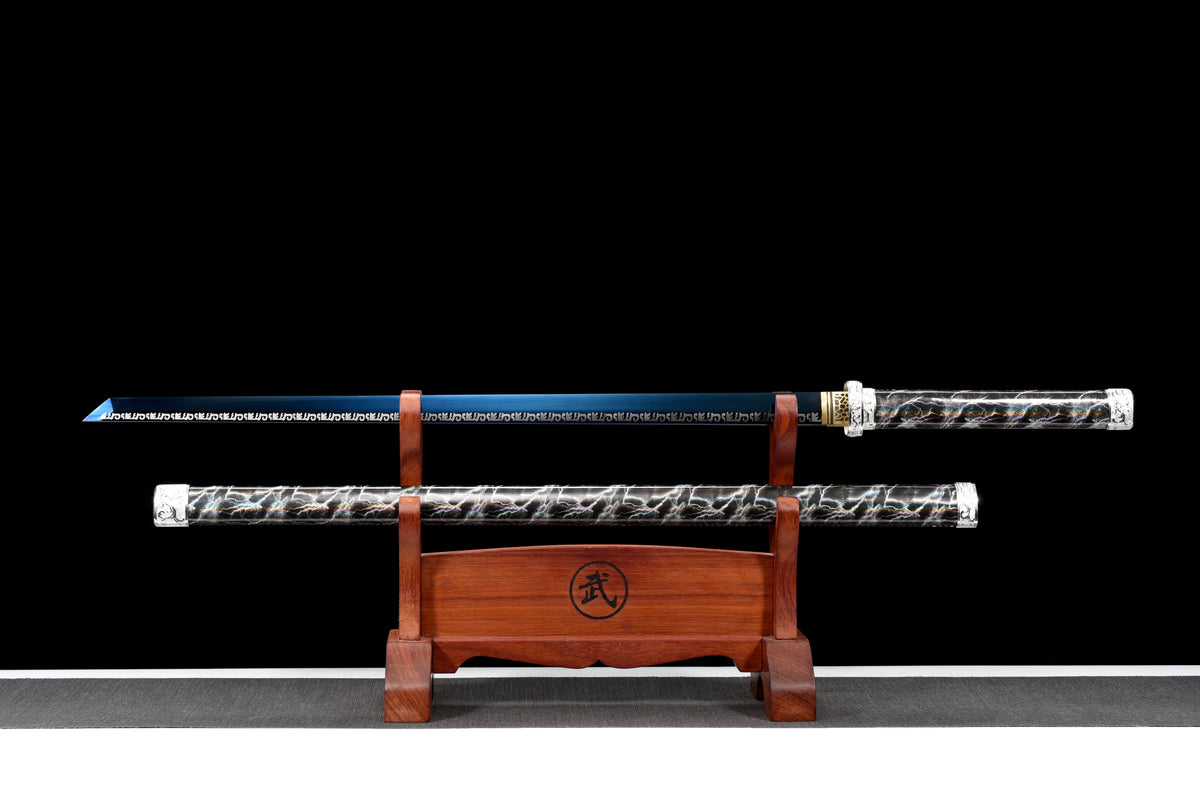 Handgefertigtes Ninja-Schwert, Manganstahl, blaue Klinge, Full Tang, Scheide mit blauem Blitz-Motiv – 104 cm, echtes Katana-Schwert