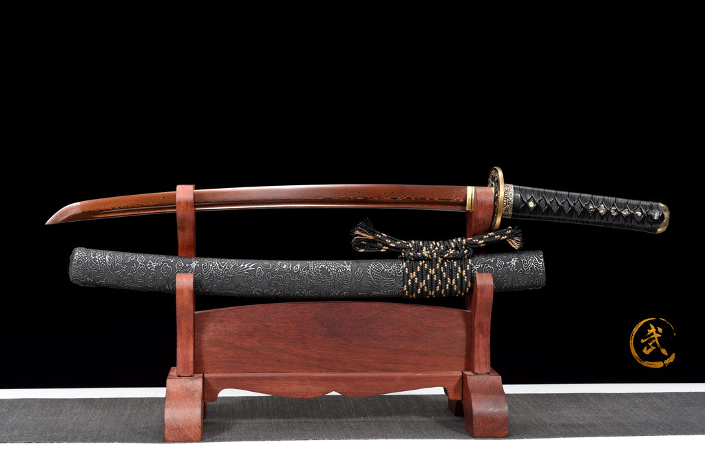 Handgefertigtes Wakizashi-Schwert aus rotem Damaszener Stahl mit schwarzer Lederscheide – 79 cm, echtes Katana-Schwert
