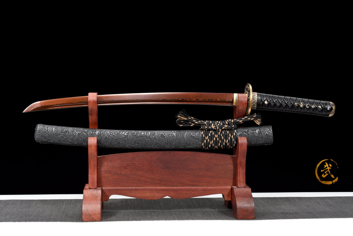Handgefertigtes Wakizashi-Schwert aus rotem Damaszener Stahl mit schwarzer Lederscheide – 79 cm, echtes Katana-Schwert