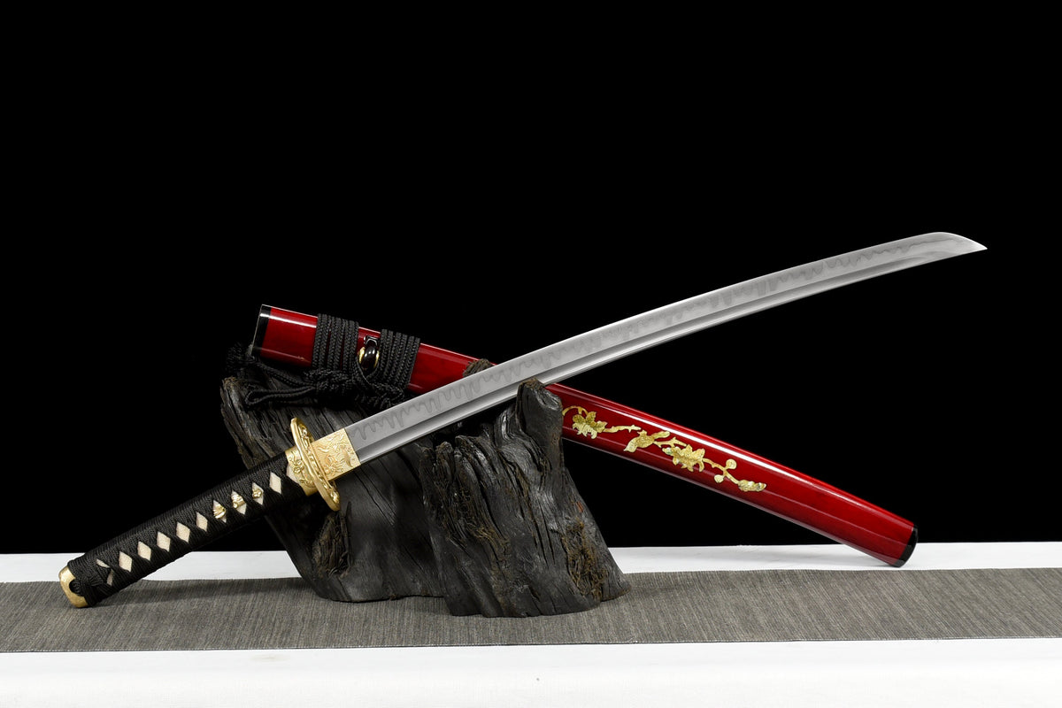 Handgefertigtes Full-Tang-Wakizashi-Schwert aus T10-Kohlenstoffstahl, lehmgehärtete Klinge, rot bedruckte Scheide – 79 cm, echtes Katana-Schwert