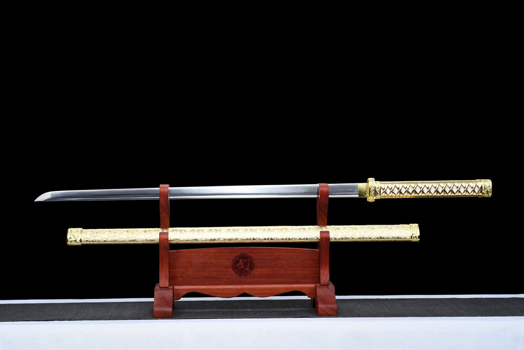 Handgefertigtes Ninja-Schwert, Klinge aus Manganstahl, Full Tang, goldene Scheide – 104 cm, echtes Katana-Schwert