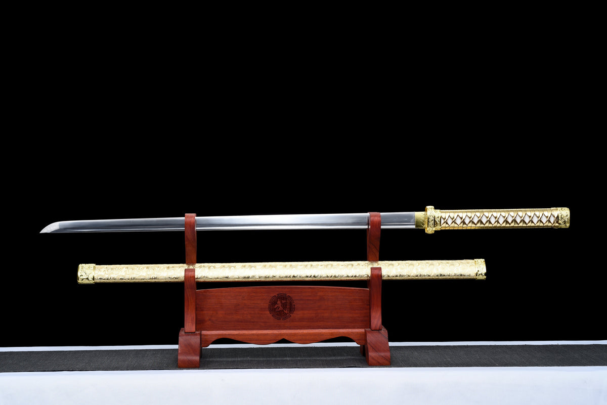 Handgefertigtes Ninja-Schwert, Klinge aus Manganstahl, Full Tang, goldene Scheide – 104 cm, echtes Katana-Schwert