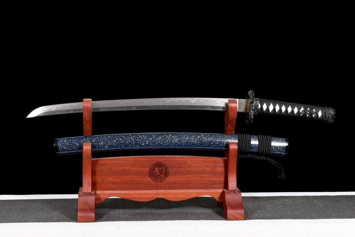 Handgefertigtes Full-Tang Wakizashi-Schwert, Damaszener Stahl, lehmgehärtete Klinge, blaue Scheide – 79 cm, echtes Katana-Schwert