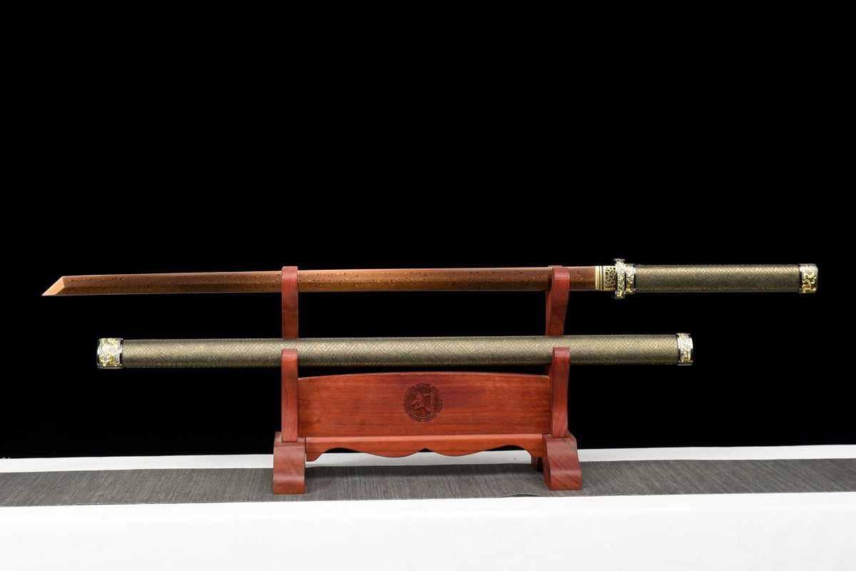 Handgefertigtes Ninjato-Schwert, roter Damaszener-Stahl, Full Tang, Lederscheide und Griff aus Holz mit Lederumwicklung – 104 cm, echtes Katana-Schwert