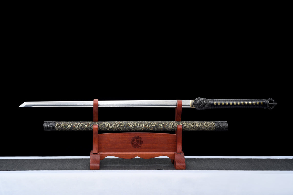 Handgefertigtes Ninjato-Schwert aus Damaszener Stahl, Full Tang, goldene Lederscheide mit schwarzer Kordelwicklung, echtes Katana-Schwert