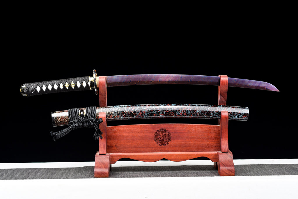 Handgefertigtes Wakizashi-Schwert, roter Damaszenerstahl mit Chroma-Scheide - 79 cm, echtes Katana-Schwert