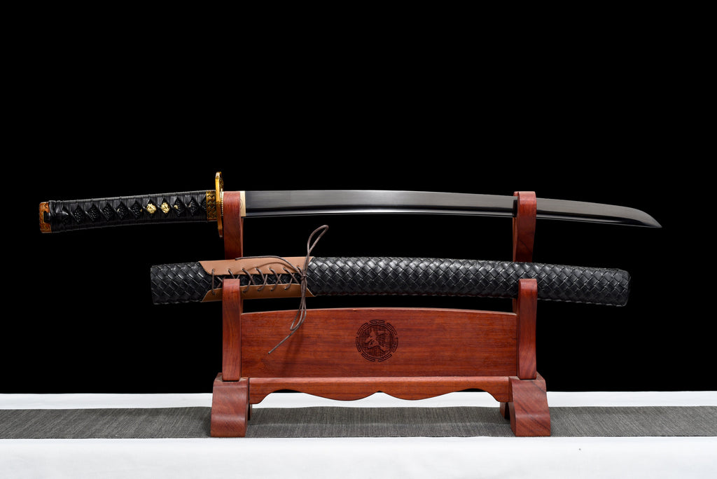 Handgefertigtes Wakizashi-Schwert aus Manganstahl mit schwarzer Lederscheide – 79 cm, echtes Katana-Schwert