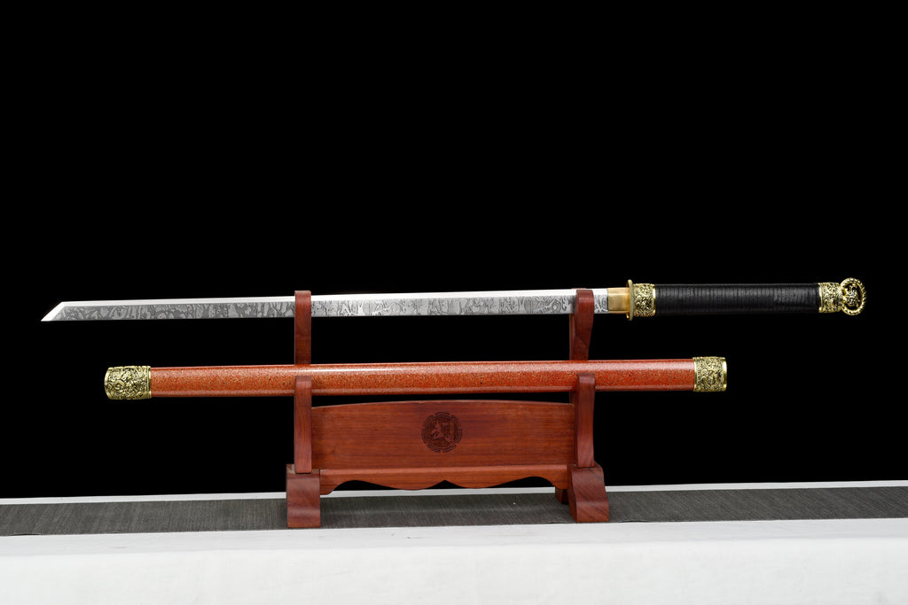 Handgefertigtes Ninja-Schwert, Federstahl, Klinge mit Schnitzmuster, Full Tang, rote Scheide mit Punkt – 42 Zoll, echtes Katana-Schwert