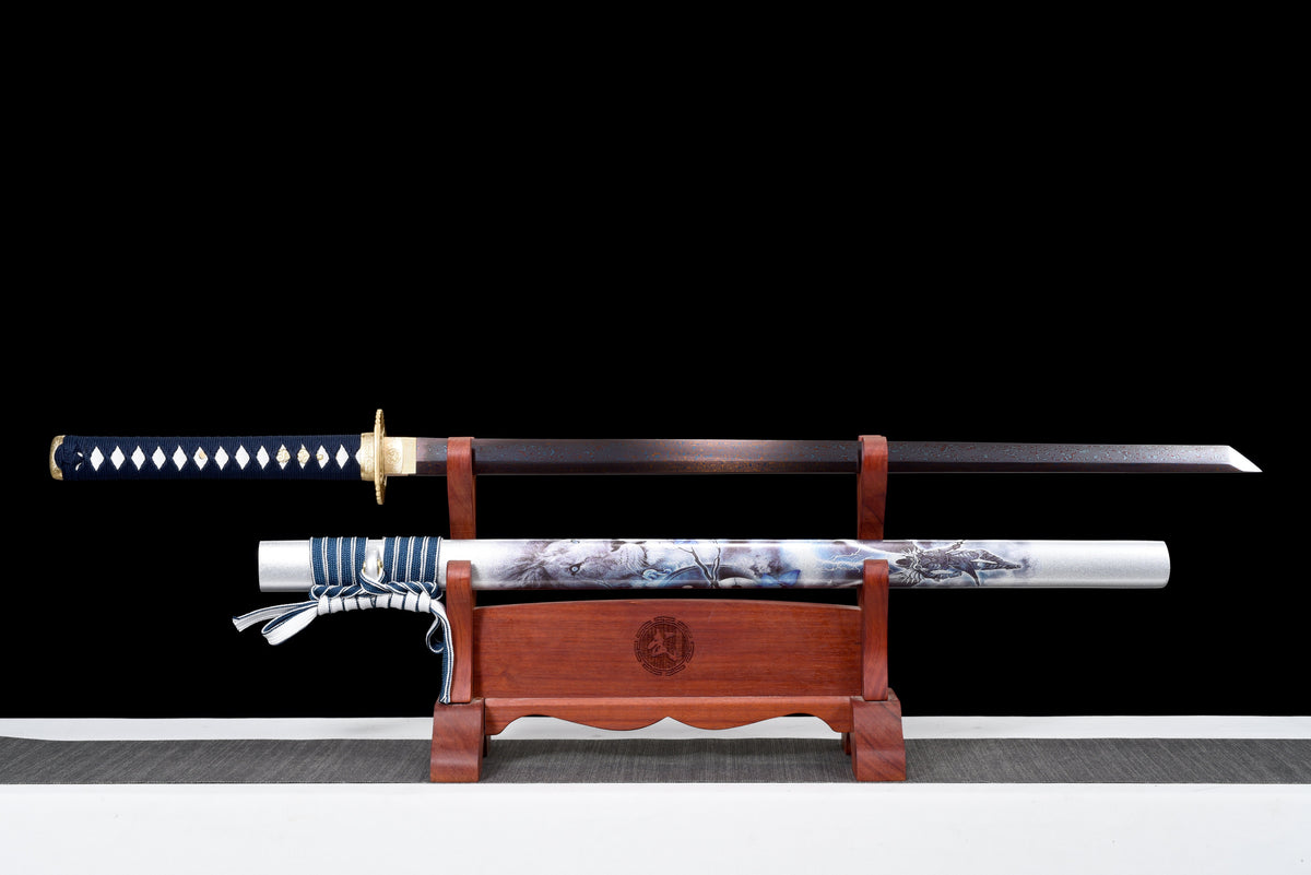 Handgefertigtes Ninjato-Schwert, roter Damaszener-Stahl, Full Tang, Schwertscheide mit weißem Aufdruck, Griff mit blauem Band umwickelt, weiße Rochenhaut – 104 cm, echtes Katana-Schwert