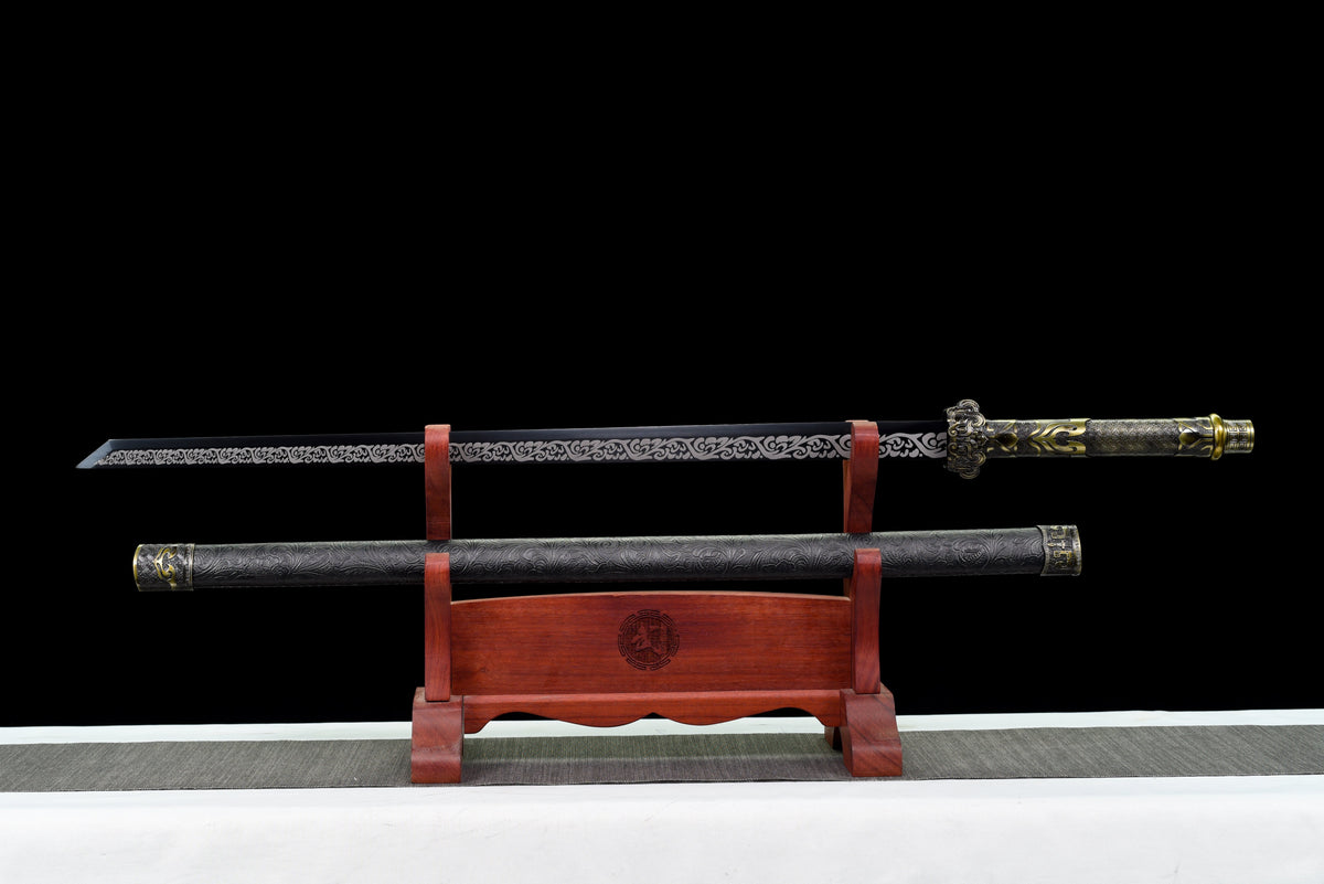 Handgefertigtes Ninjato-Schwert, Federstahl, schwarze Klinge, Full Tang, schwarze Scheide - 100,8 cm, echtes Katana-Schwert