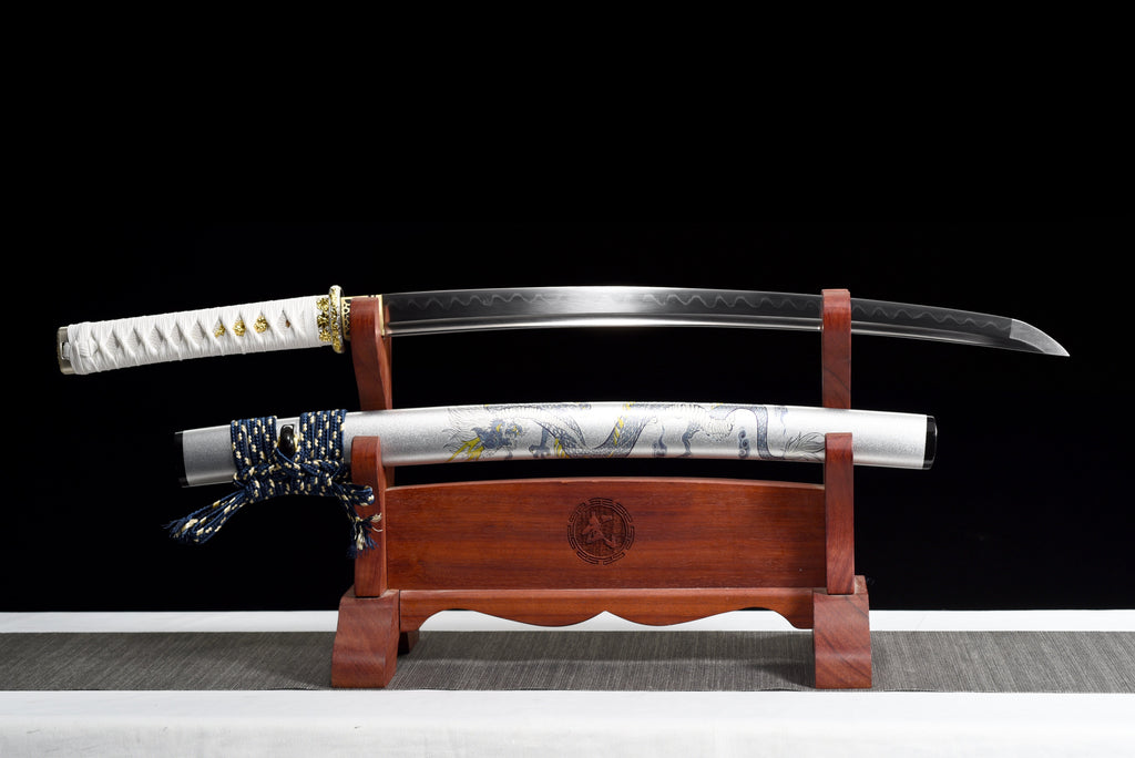 Handgefertigtes Full-Tang-Wakizashi-Schwert, Damaszener Stahl, lehmgehärtete Klinge, weiß bedruckte Scheide – 79 cm, echtes Katana-Schwert
