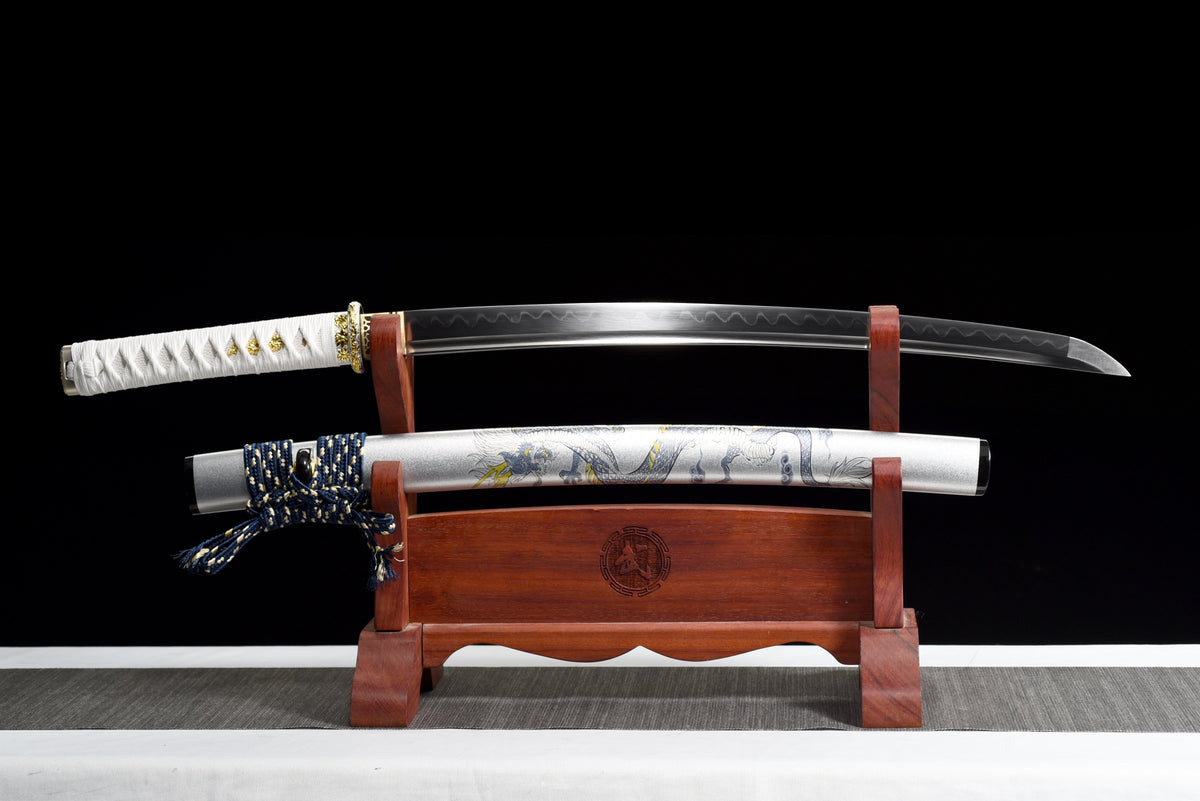 Handgefertigtes Full-Tang-Wakizashi-Schwert, Damaszener Stahl, lehmgehärtete Klinge, weiß bedruckte Scheide – 79 cm, echtes Katana-Schwert