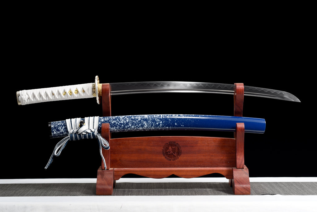 Handgefertigtes Full-Tang-Wakizashi-Schwert, Klinge aus T10-Kohlenstoffstahl, lehmgehärtet, blaue Scheide – 79 cm, echtes Katana-Schwert