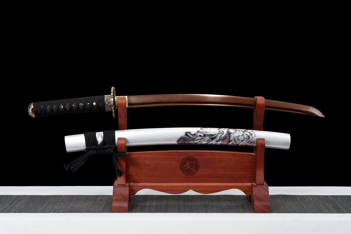 Handgefertigtes Wakizashi-Schwert aus rotem Damaststahl mit weißer Lederscheide – 79 cm, echtes Katana-Schwert