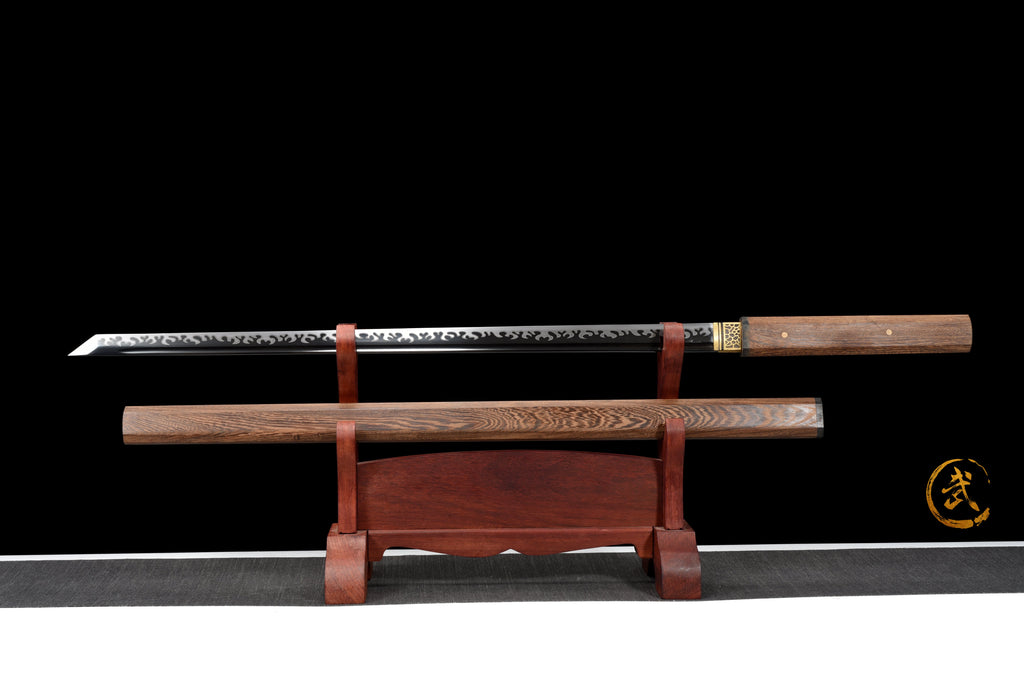 Handgefertigtes Ninja-Schwert, Klinge aus Manganstahl, Full-Tang, goldene Lederscheide - 107 cm, echtes Katana-Schwert
