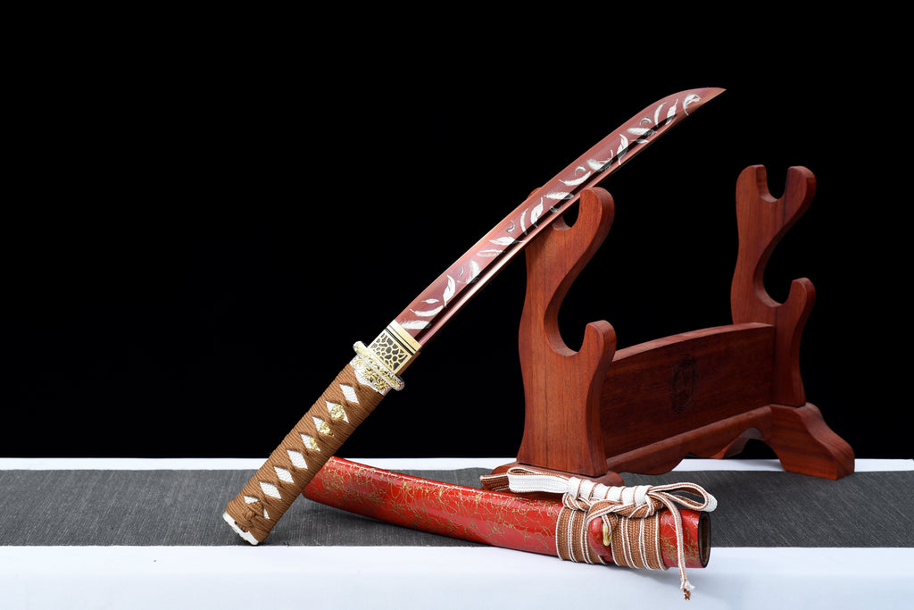 Handgefertigtes Full-Tang-Tanto-Schwert aus rotem Manganstahl mit Scheide – 53 cm, echtes Katana-Schwert