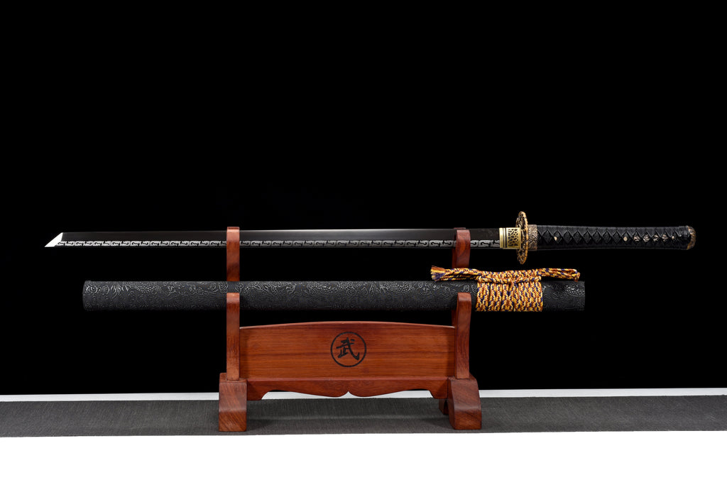 Handgefertigtes Ninjato-Schwert, Manganstahl, Full-Tang, schwarze Klinge, echtes Katana-Schwert