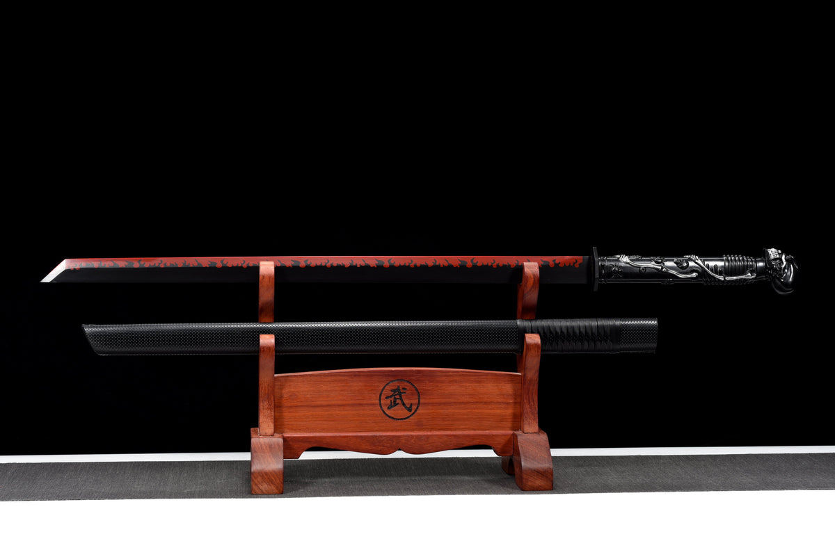 Handgefertigtes Ninjato-Schwert, Manganstahl, Full Tang, schwarze Scheide - 104 cm, echtes Katana-Schwert
