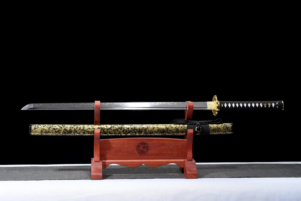 Handgefertigtes Ninja-Schwert, T10-Stahl, echte Hamon-Klinge, Full Tang, goldene Scheide – 104 cm